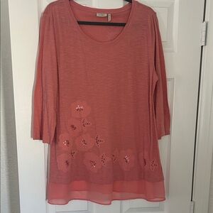 LOGO by Lori Goldstein Coral Blouse with Floral Accents
